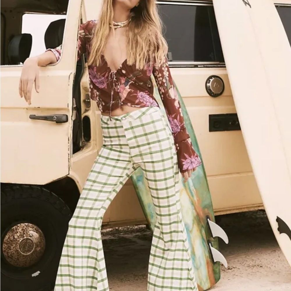 Free People Just Float On Flare Jean Extreme Gingham Mint Green Fray Hem - Picture 3 of 6